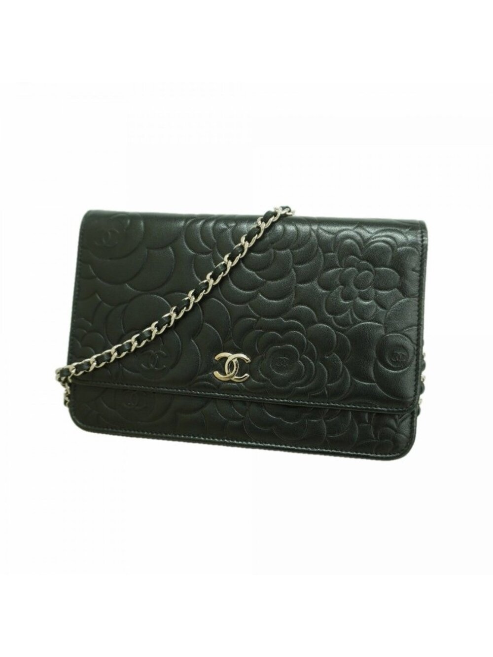 Chanel Shoulder Bag Camellia Lambskin Black Silver